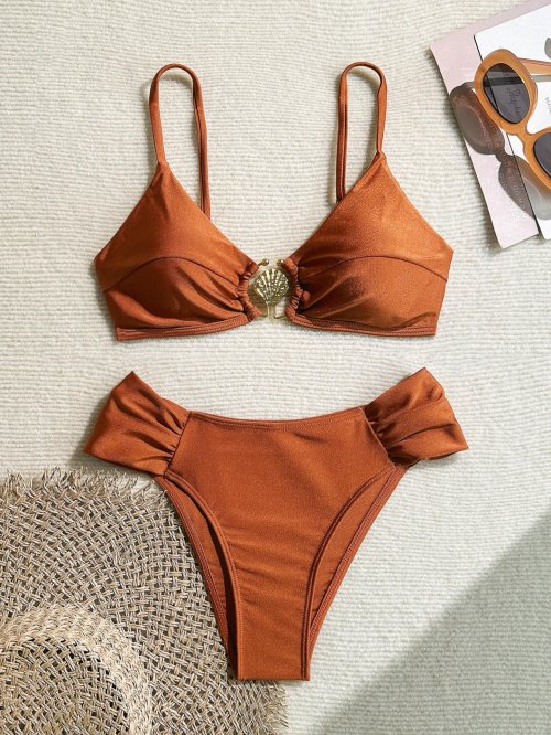 Zdjęcie Seksowny plisowany zestaw bikini z wysokim stanem 2025 damski pomarańczowy metalowy zapięcie push up dwuczęściowy strój kąpielowy plażowy kostium kąpielowy wakacyjny