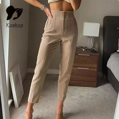 Immagine di Koekop Abiti da ufficio Pantaloni a matita Pantaloni da donna neri rosa bianchi Abbigliamento da ufficio alla moda Pantaloni a vita alta per pantaloni formali da donna