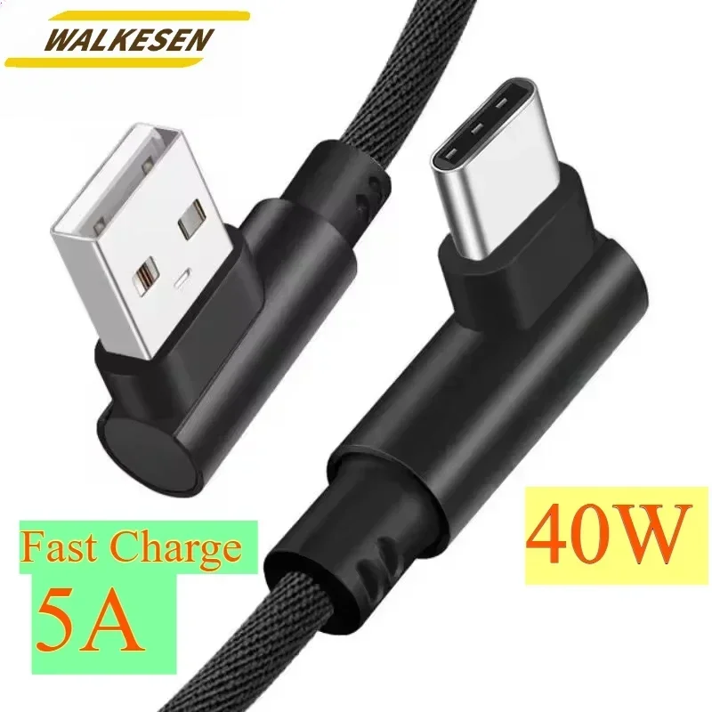 Afbeelding van Snel oplaadkabel USB-C 90 graden, 40W 5A weefdraad datakabel voor iPhone, Xiaomi, Redmi, Huawei en andere smartphones