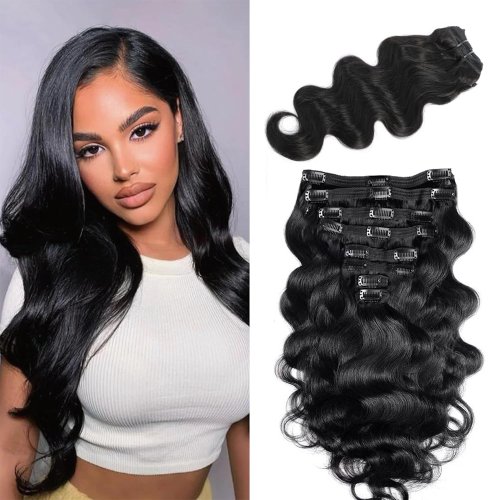 Immagine di Estensioni Capelli Body Wave con Clip in 100% Capelli Umani, Doppia Trama, 8 Pezzi da 120g, Colore 1B, per Donne di Colore
