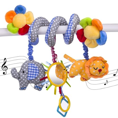 Image of Baby Car Seat Stroller Toys Plush Activity Hanging Spiral Pram Crib with Music Box Rattles Squeaker for Babies Infant Boys Gifts