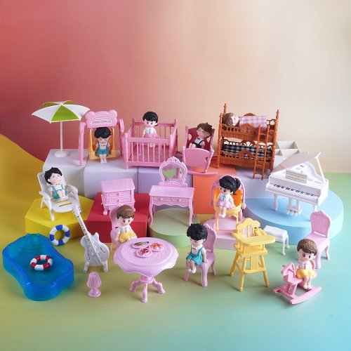 Imagen de Casa de Muñecas en Miniatura 1:12 con Cuna, Cama Envolvente, Mesa de Piano, Muebles de Cocina y Accesorios Decorativos - Juego Completo para Niñas