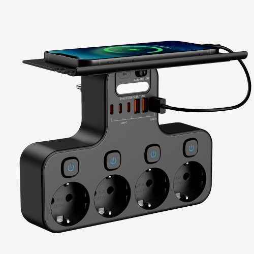 Zdjęcie Listwa zasilająca 4000W z inteligentnym światłem nocnym, 4 gniazdami AC, uchwytem na telefon, 2 portami USB-A i 2 portami USB-C oraz wtyczką EU