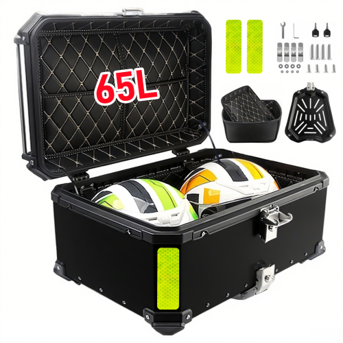 Image of 65L Universal Aluminum Motorcycle Top Case – Waterproof Rear Luggage Trunk with Quick-Release Mounting for Helmet and Tools Storage