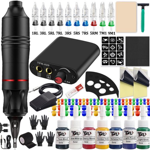 Bild von Komplettes Patronen-Tattoo-Stift-Maschinen-Set, DC-Rotations-Maschinenstift mit Patronennadeln, Netzteil-Tinten für Tattoo-Anfänger-Set