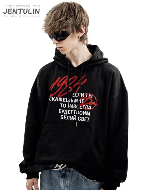 Immagine di Felpa con Cappuccio Uomo Harajuku Streetwear Stile Hip Hop 1984, Grafica Lettering, Taglia Oversize, Estetica Gotica Y2K