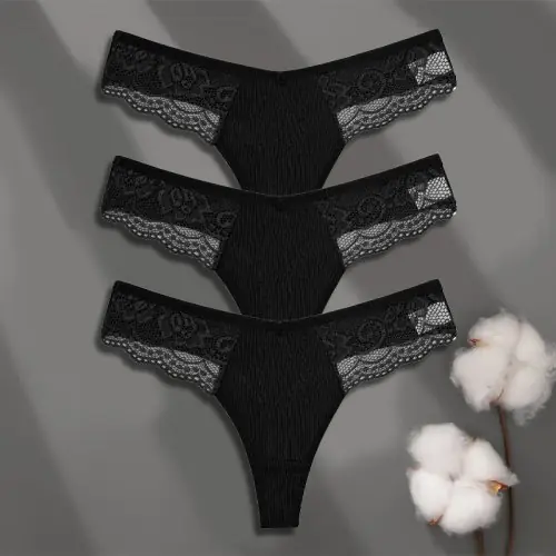 Image de Lingerie Femme 3 Pièces - String Dentelle Sexy & Respirant