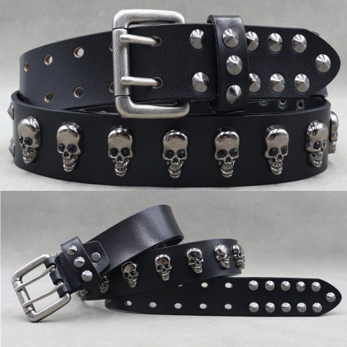 Imagen de Cinturón de cuero auténtico para hombre, diseño de marca de diseñador, estilo rock punk con pasador metálico y remaches, color negro, elaborado en cuero de vaca premium para pantalones vaqueros