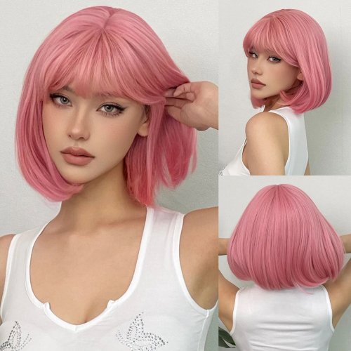 Afbeelding van Korte Rechte Bob Synthetische Pruiken Roze Natuurlijk Haar Pruik Met Pony Voor Vrouwen Cosplay Schattige Pruik Hittebestendige Vezel
