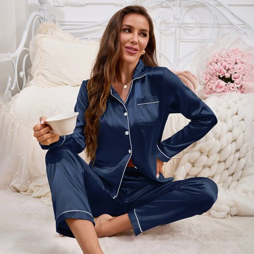 Afbeelding van Zijden Pyjama Set voor Dames met Lange Mouwen en Broek – Luxe Satijn Nachtkleding 2-Delig Lounge Wear