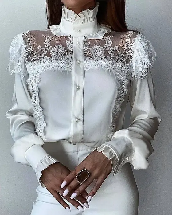 Image de Chemisier Dentelle Blanc Col Haut - Élégant & Décontracté