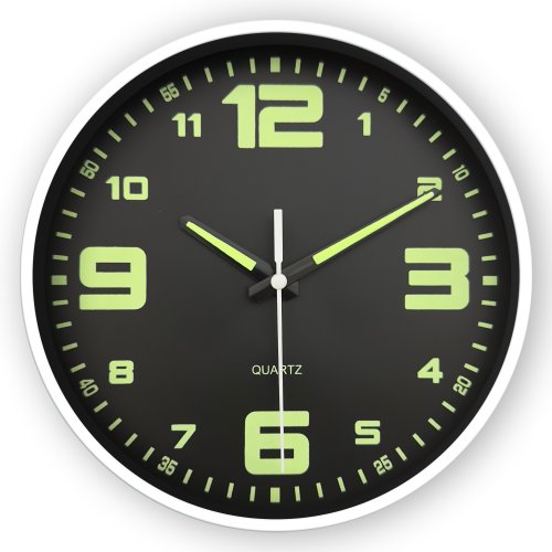 Immagine di Orologio da Parete Moderno Rotondo in Vetro e Plastica Luminoso, Silenzioso, Dimensioni 8-16 Pollici, Alimentato a Batteria AA, Design Elegante per Interni e Gioco