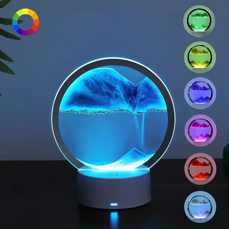 Image of USB-Powered 3D Dynamic Hourglass Night Light with Blue Glass Design – Elegant Tabletop Lamp for Home, Office, and Bedroom Decor