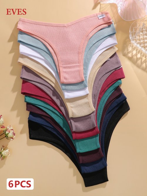 Immagine di Set da 6 pezzi di biancheria intima in cotone waffle per donna, mutandine brasiliane sexy a vita bassa, bikini intimo morbido tinta unita traspirante e confortevole