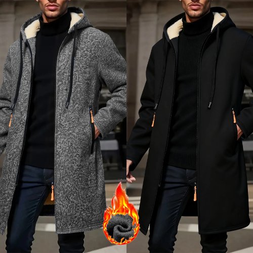 Image of Men's Winter Warm Long Coat with Zipper and Hood - Thick Fleece Windproof Overcoat in Casual Contrast Colors
