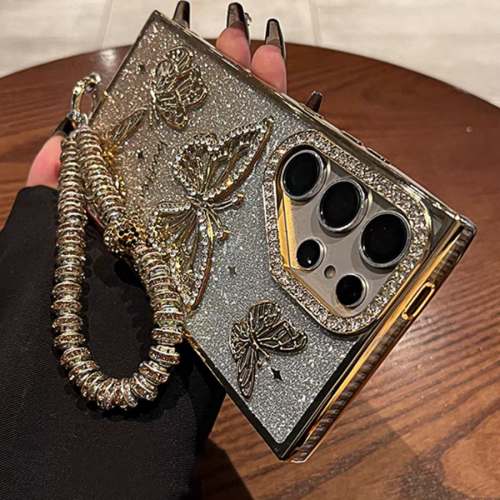 Immagine di Custodie Glitterate a Farfalla per Samsung S25 Ultra, Cover di Lusso con Cordino per Galaxy S24Ultra S26, Custodia Morbida Antiurto Placcata