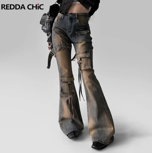 Image of Women's Low Waist Cargo Flare Jeans with Vintage Distressed Finish, Belted Fitted Bootcut Bell Bottoms in Y2K Korean Streetwear Style