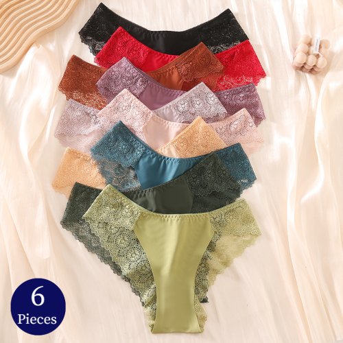 Image of Elegant 6-Pack Women's Lace Briefs Set – Breathable, Comfortable & Sexy Hollow-Out Underwear for Everyday Wear