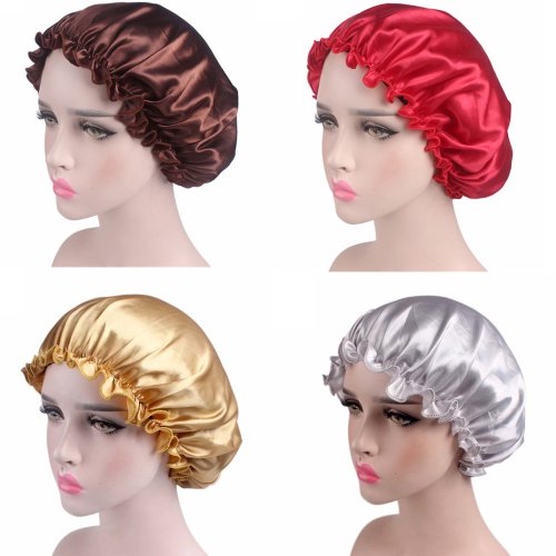 Bild von Satin Haarbonschutz-Kappe aus Seide – Weiche Nachtkappe mit Blumenmuster und Elastischem Band für Frauen zum Schlafen, Duschen und Haarschutz