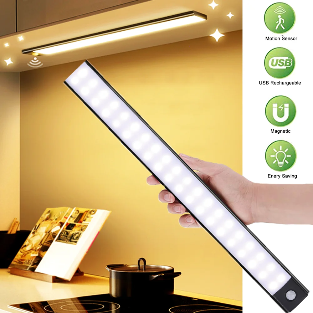 Luz Nocturna LED con Sensor de Movimiento para Armario, Recargable por USB, Ideal para Iluminación de Cocina y Armarios de 30cm, 40cm y 50cm