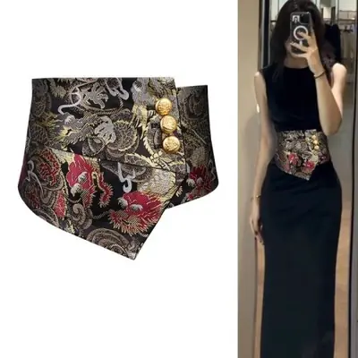 Image de Ceinture Obi Brocart Noir Dragon Phoenix - Élégance Vintage