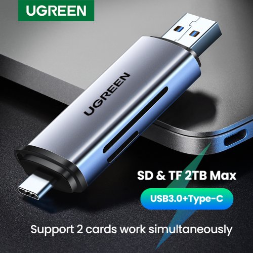 Immagine di Lettore di Schede UGREEN USB 3.0 e USB-C per SD, MicroSD, TF e Thunderbolt 3 – Adattatore Multifunzione per PC e Laptop con Alta Velocità di Trasferimento