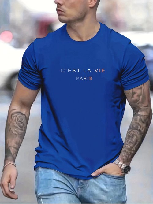 Immagine di T-Shirt Uomo Estiva in 100% Cotone Puro, Modello Casual Allentato con Stampa Parigi, Girocollo e Maniche Corte