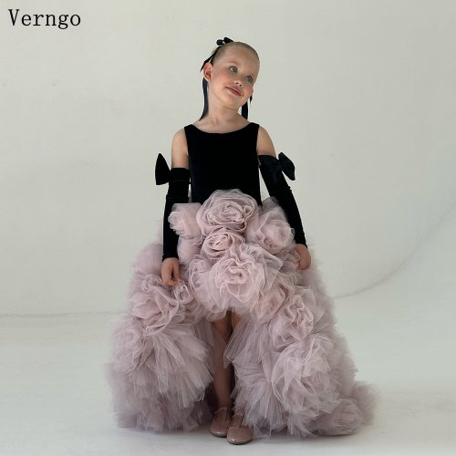 Image of Elegant Pink Tulle Flower Girl Dress with High O-Neck, Sleeveless Ball Gown Design and Sweeping Train for Special Occasions