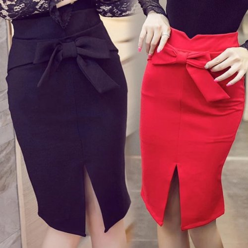 Image of Elegant High-Waisted Pencil Skirt with Side Slit and Bow Detail – Knee-Length Women's Fashion Skirt in Sizes S to 5XL