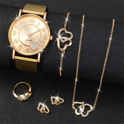Montre Femme Coeur Doré + Bijoux - Ensemble Tendance