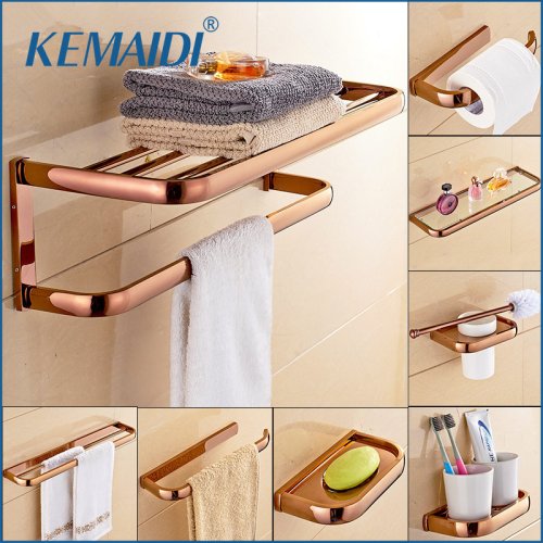 Image of KEMAIDI Rose Gold Bathroom Accessories Set Towel Bar Toilet Paper Holder Hooks Sus 304 Glass Shelf Stainless Steel Bathroom Set