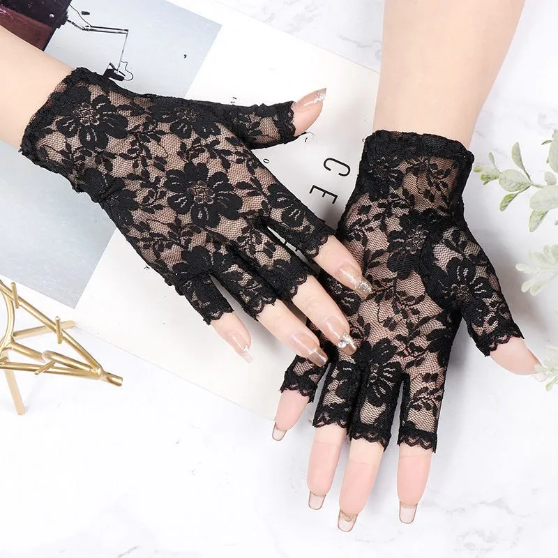 Image of Elegant Black Fingerless Lace Gloves for Women – Stylish Sun Protection Driving Mittens with Fishnet Design for Brides and Ladies