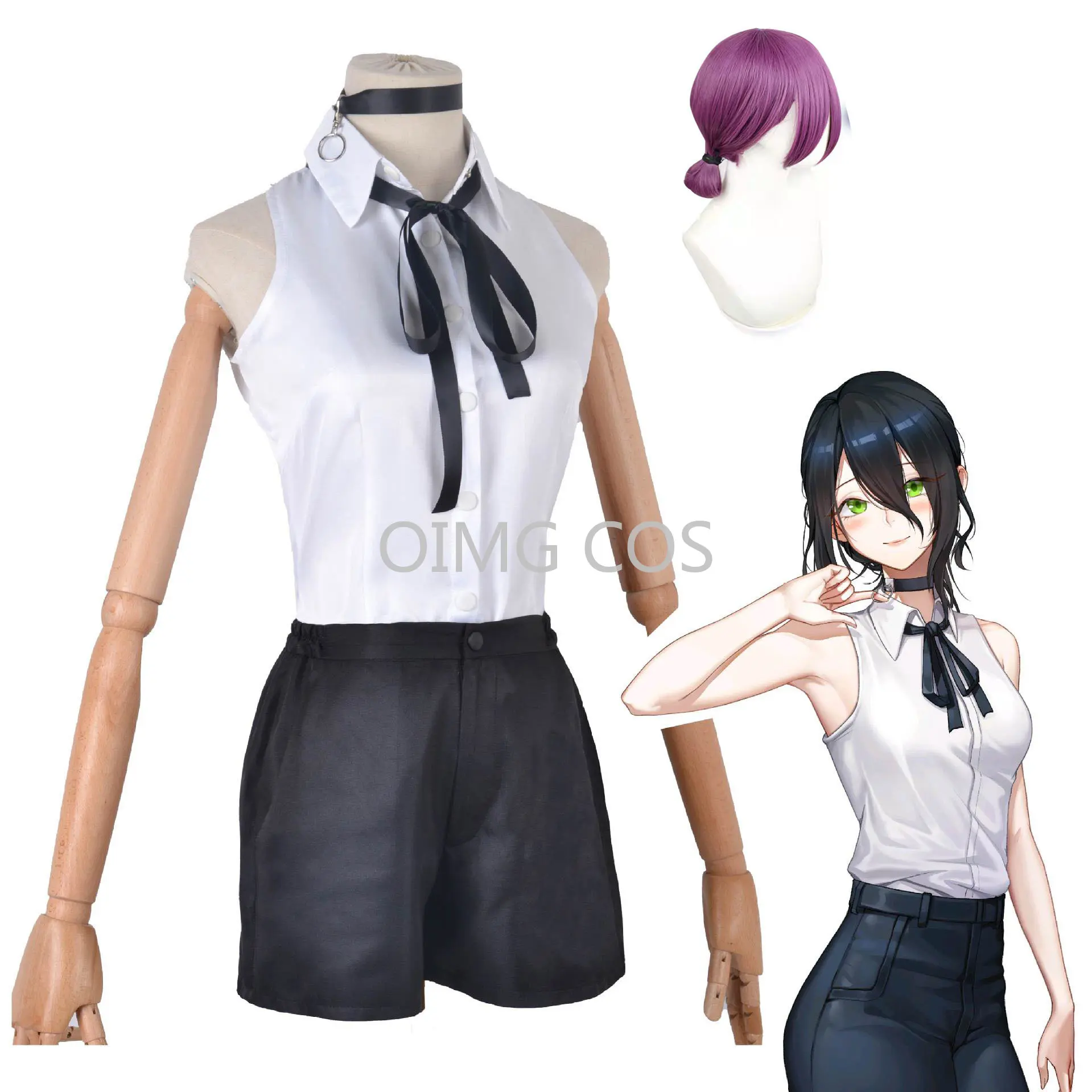 Image of Chainsaw Man Reze Cosplay Costume Set for Women – Anime-Inspired Outfit with Shirt, Tie, Short Wig, Neck Ring, and Uniform – Perfect for Halloween and Cosplay Events