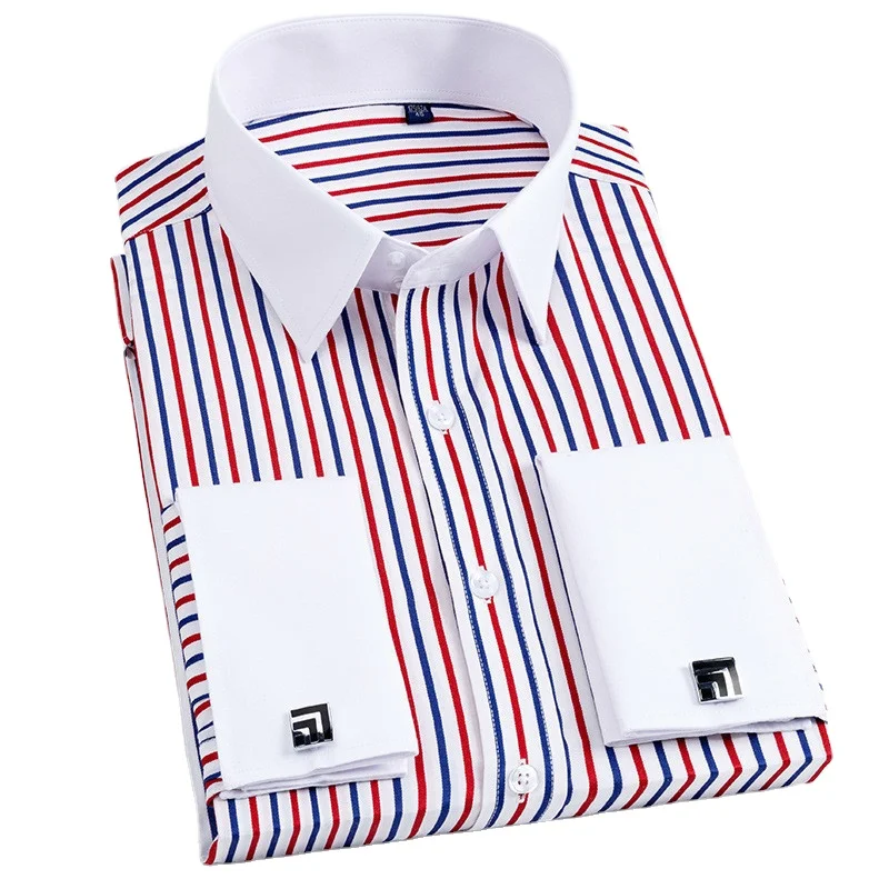 Afbeelding van Stijlvolle Heren Slim Fit Overhemd met Franse Manchetknopen – Lange Mouw Gestreept Business Shirt voor Elegante Dagelijksdracht