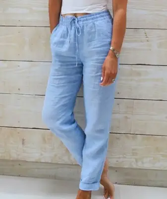 Pantalon d'été femme taille haute en coton et lin