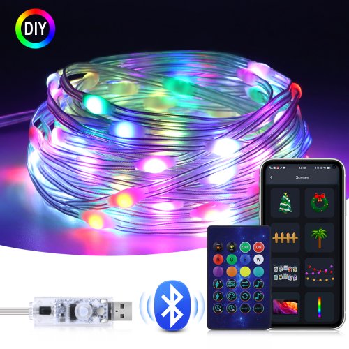 Zdjęcie Girlanda USB 5V WS2812B Bluetooth LED String Fairy Lights Dreamcolor RGBIC Adresowalne świąteczne lampki na przyjęcie Dekoracje ślubne