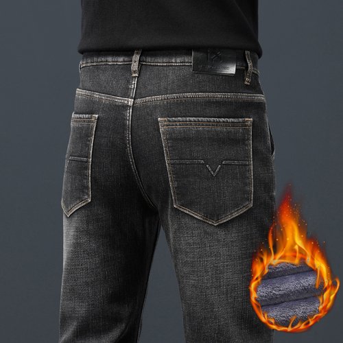 Imagen de Pantalones vaqueros cálidos de invierno 2024, pantalones rectos ajustados gruesos de lana para hombr...
