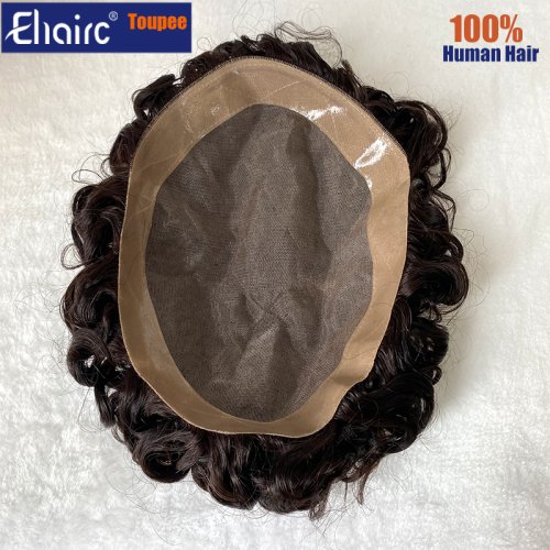 Immagine di Parrucchino riccio per uomo colore marrone Mono sistema di capelli unità per uomo durevole protesi per capelli maschili 100% unità di capelli umani parrucca da uomo
