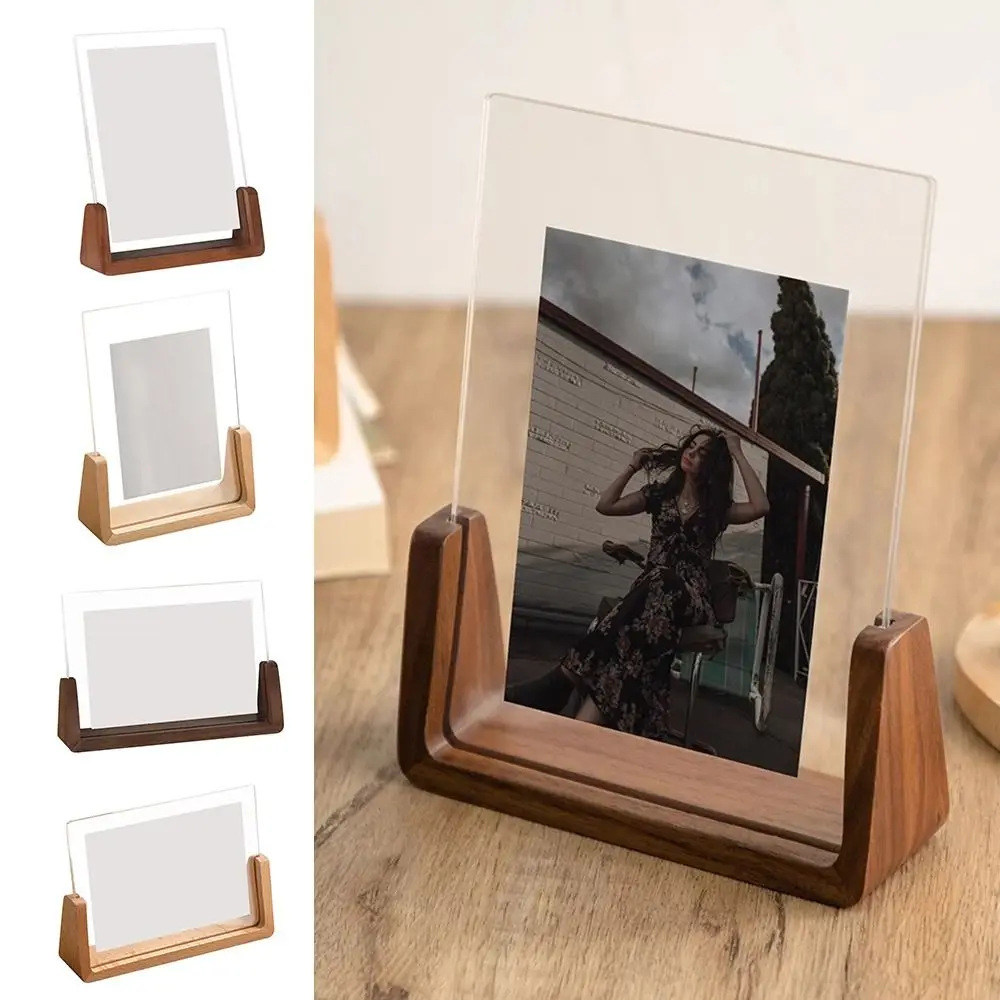 Image of Elegant U-Shaped Acrylic Photo Frame with Walnut Beech Wood Base – Transparent Desktop Display for Wedding Photos, Office Decor & Home Accents