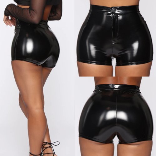 Image de Short Taille Haute en Cuir PU Noir pour Femme