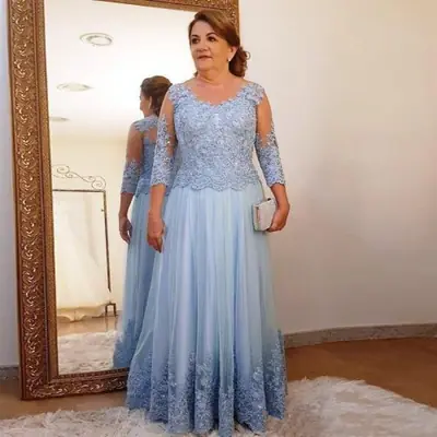 Image de Robe Bleu Clair Maman de la Mariée - Dentelle & Manches Longues