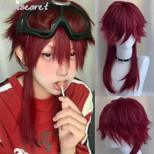 Bild von Lange, gerade rote synthetische Perücke mit Wolfsschwanz – geschichtet und flauschig, perfekt für Damen und Herren zum Alltag, Party, Lolita- oder Cosplay-Look