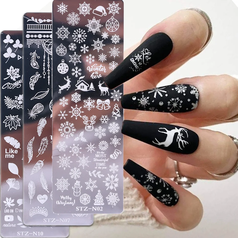 Image of Natural Nail Art Stamping Plate with Winter Snowflake, Christmas Rose, Leaves & Butterfly Designs – Eco-Friendly Polish Printing Template for DIY Manicures