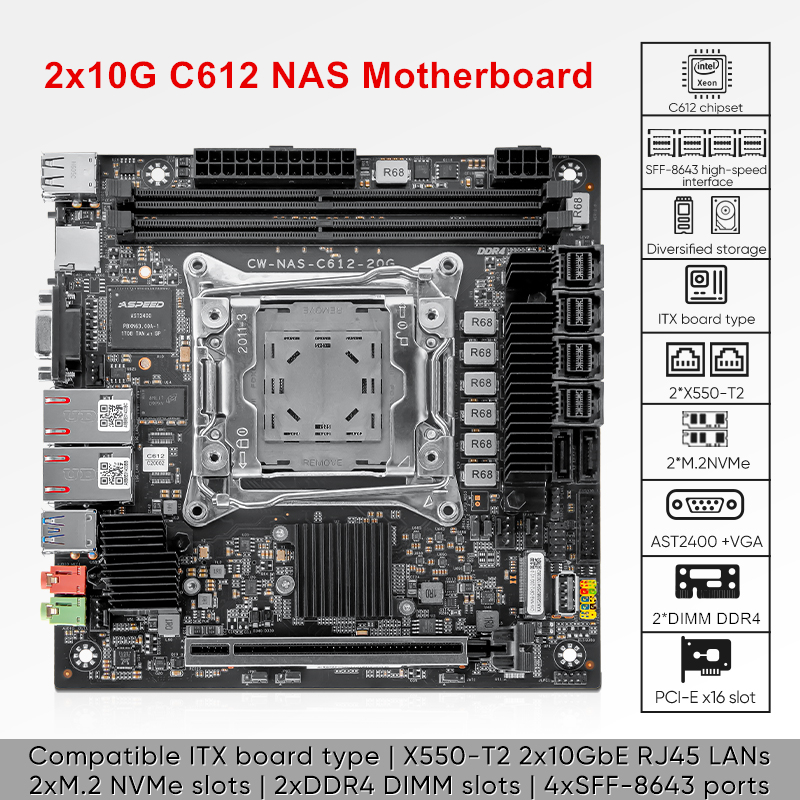 Image de Carte mère ITX NAS Xeon E5 v4, 10 SATA, 4 NVMe, PCIe x16