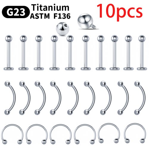 Image de Lot de 10 Bijoux de Corps en Titane - Perçage Sourcils, Lèvres, Septum & Nez