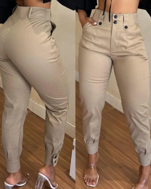 Immagine di Pantaloni Cargo da Donna con Tasche, Vita Alta e Cerniera Fly, Modello Capri Skinny a Matita con Bottoni, Stile Casual alla Caviglia 2024