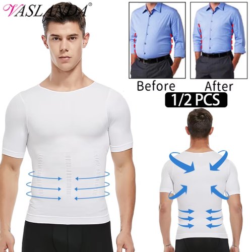 Imagen de 1/2 Uds. Camiseta moldeadora de cuerpo para hombre, ropa moldeadora adelgazante, postura correctiva, Control del vientre, compresión, ropa interior modeladora para hombre, corsé