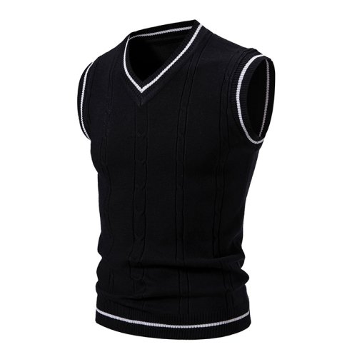 Image of Men's Autumn Winter V-Neck Knit Vest Sleeveless Slim Fit Patchwork Knitted Pullover Smart Casual Sweater Vest