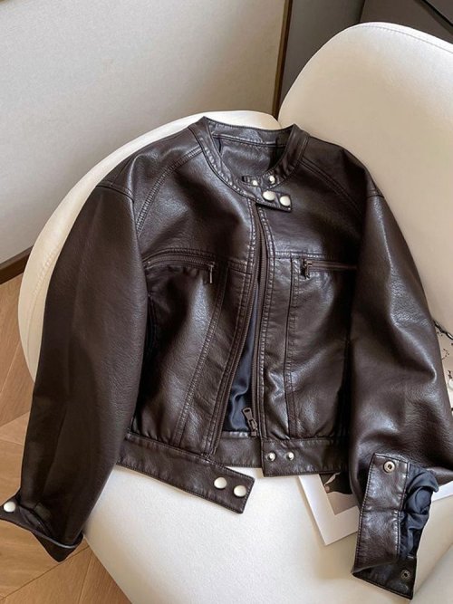 Imagen de Chaqueta Corta de Cuero PU para Mujer con Cuello Levantado, Estilo Americana, Tendencia Primavera y Otoño 2025