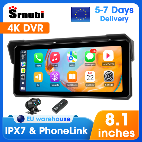 Image of 7.81-Inch Motorcycle GPS Navigation with 4K DVR, WiFi, Wireless CarPlay & Android Auto, IPX7 Waterproof Touchscreen, Dual Bluetooth, Portable Dash Cam for Motorcycles